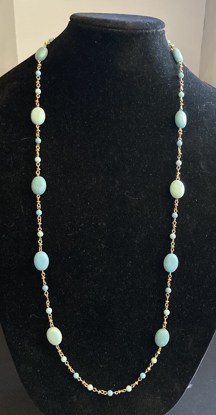 Lauren Ralph Lauren RLL Turquoise Blue Bead Gold Tone Long Beaded Necklace